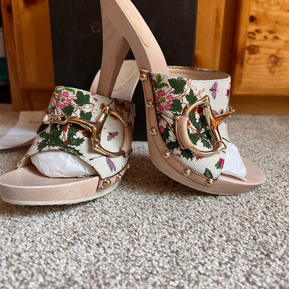 Gucci Floral Canvas Wooden Heels Women’s Size 8 Cream Floral Print Pattern - Picture 15 of 15